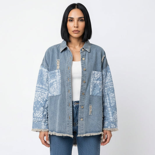 Veste en Denim Mixte pour Femme Aria | Manches Matelassées Paisley, Ourlet Brut
