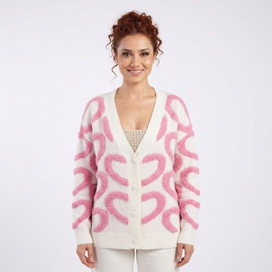 Cardigan femme Cora | Imprimé cœur texturé, boutons en forme de cœur