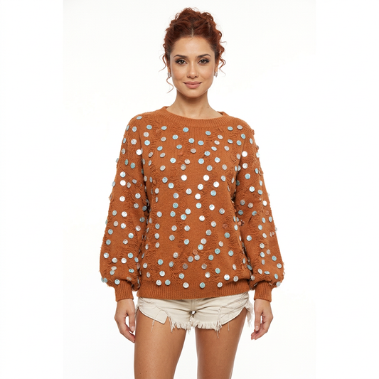 Suéter con lentejuelas para mujer Elora | Mangas obispo, borde desgastado