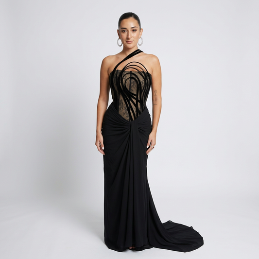 Robe de soirée pour femmes Aria | Corset en dentelle transparente, jupe à traîne drapée