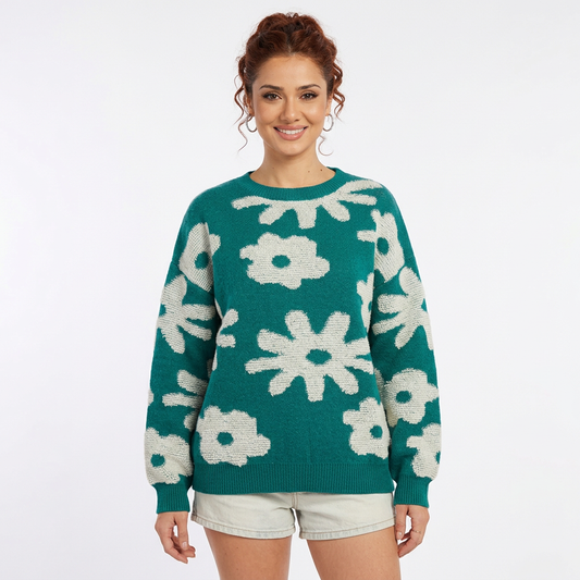 Top de suéter para mujer Maya | Patrón floral audaz, tejido acogedor