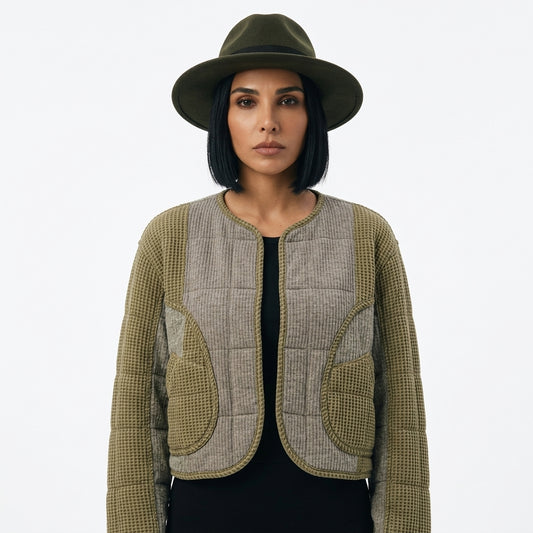 Chaqueta de patchwork para mujer Petra | Tejido acolchado, cremallera en V