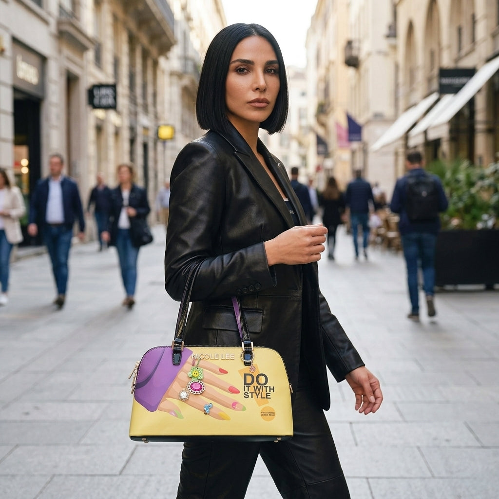 Bolso de hombro tipo dome para mujer Nova | Estampado gráfico amarillo, Mangos de charol negro