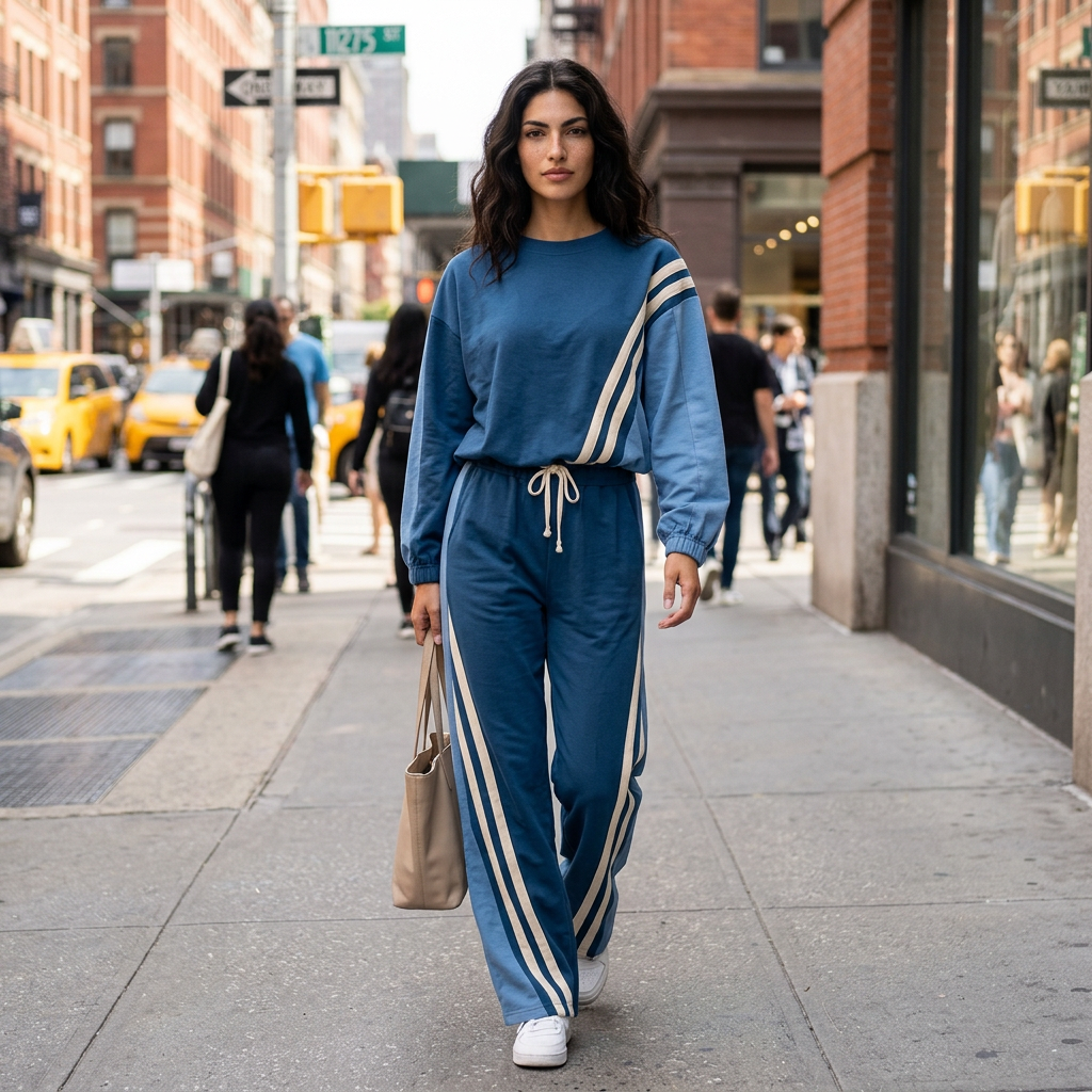 Conjunto de sudadera de dos piezas para mujer Gemma | Detalle de rayas diagonales, pantalones de pierna ancha con cordón