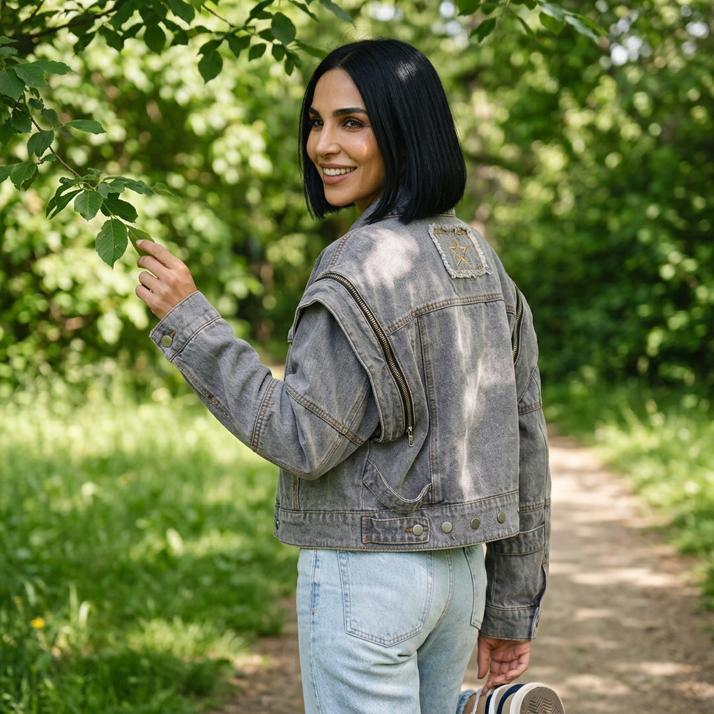 Astra Women's Cropped Denim Jacket | Multi-Zipper Detail, Star Embroidery