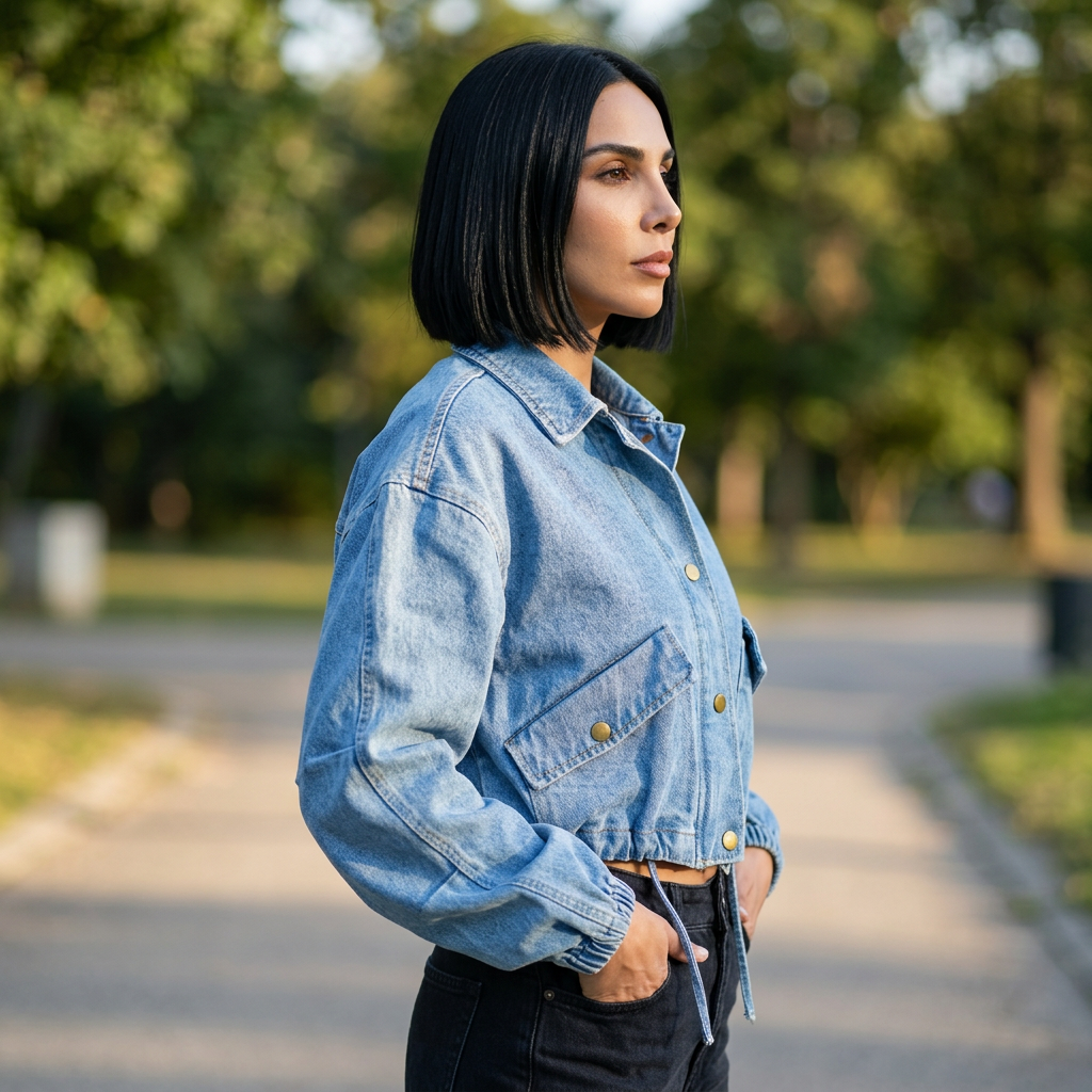 Veste en Denim Courte pour Femme Ava | Taille à Cordon, Fermeture Éclair sur le Devant