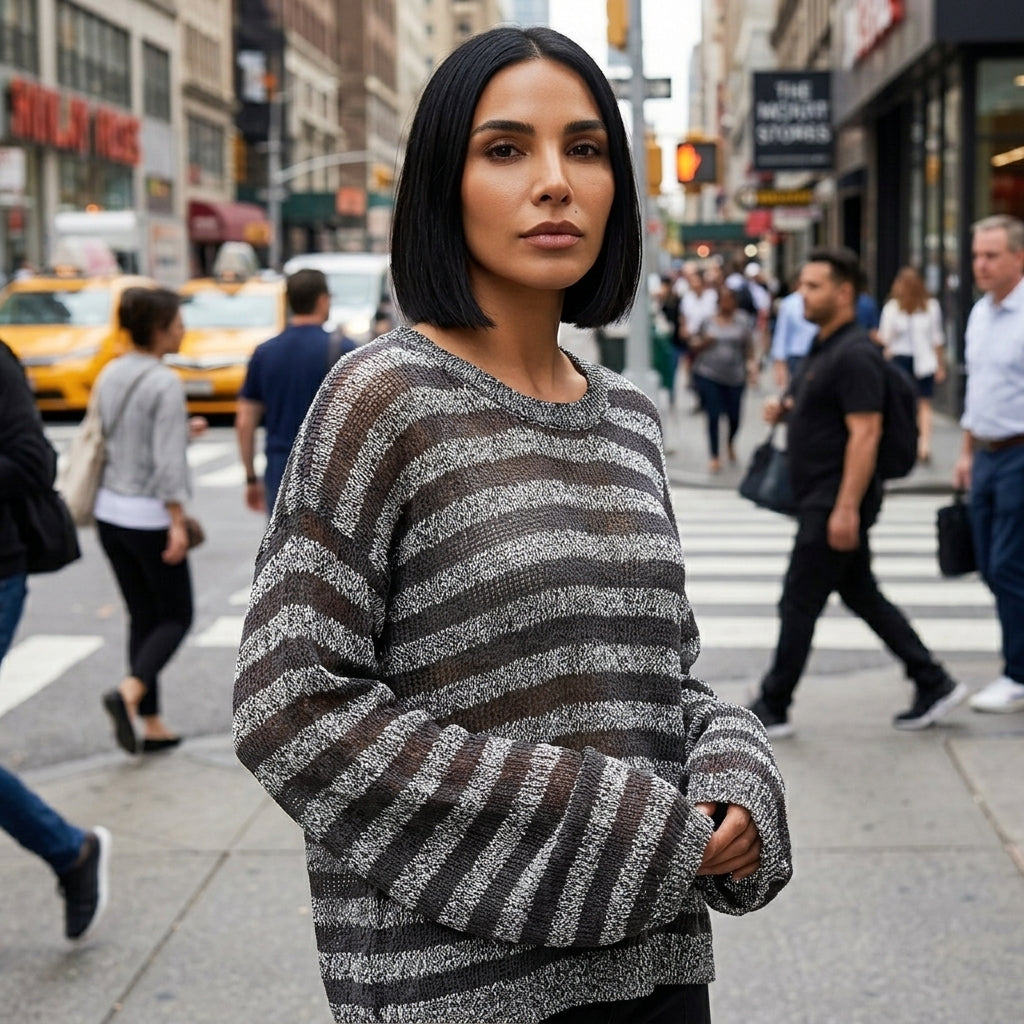 Pull tricoté femme Stevie | Motif rayé transparent, encolure en V