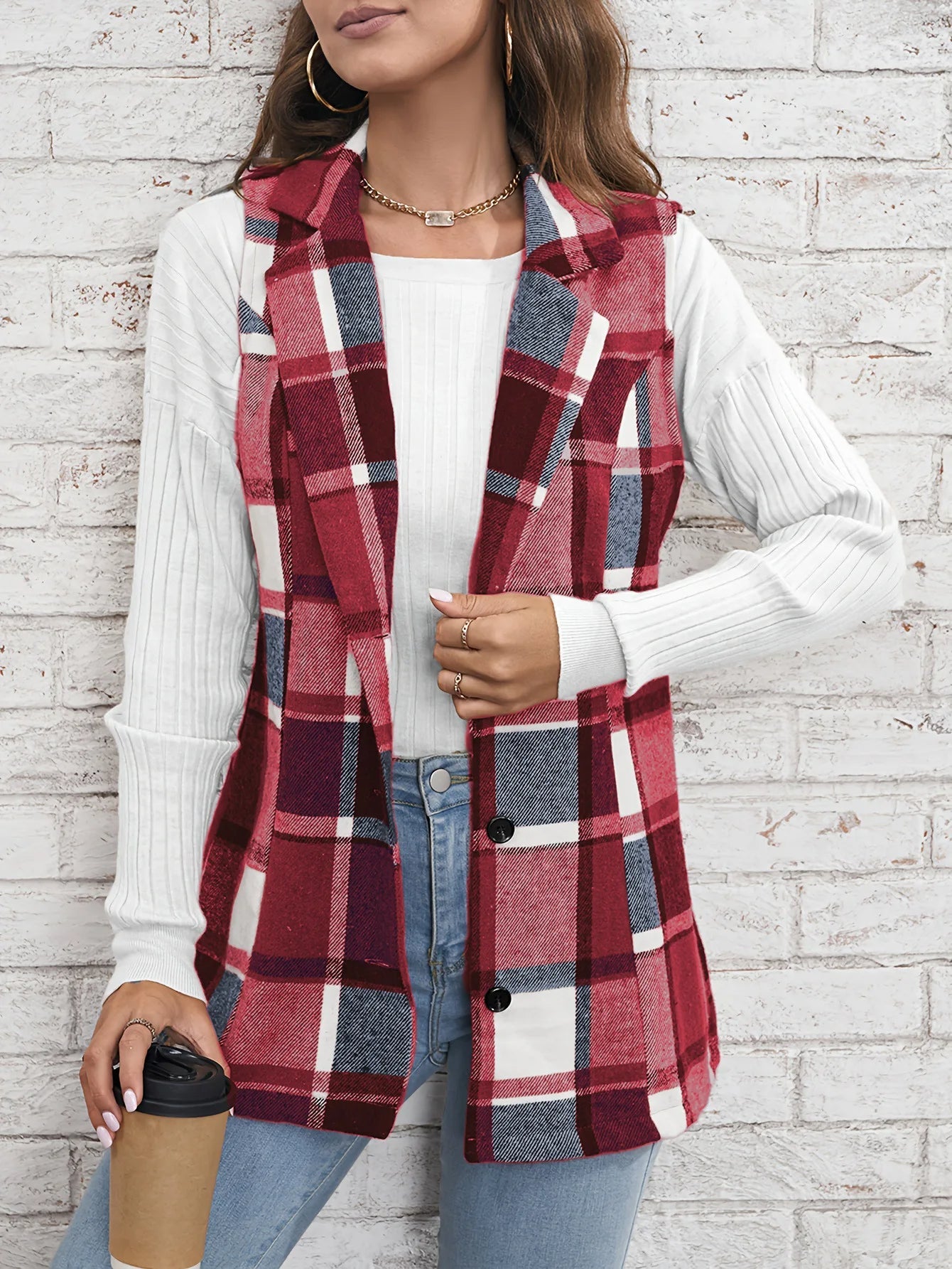 Winona Women's Plaid Vest - styled view