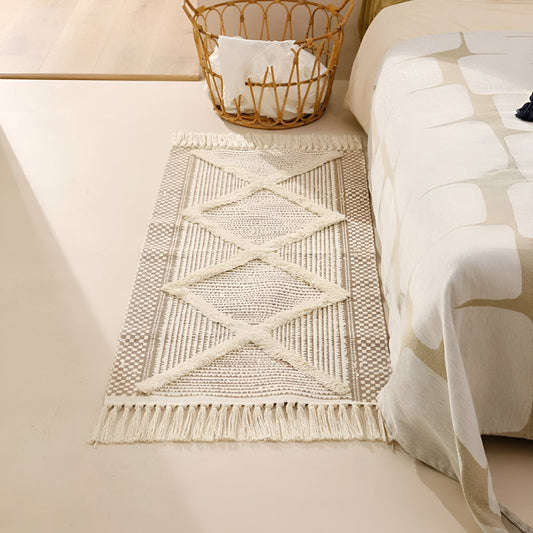 Beige Textured Tassel Rug | Moroccan 3D Tufted, Machine Washable