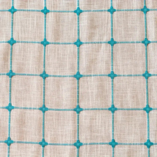 Turquoise Lattice Boho Tassel Curtain | Embroidered Plaid, Semi-Blackout