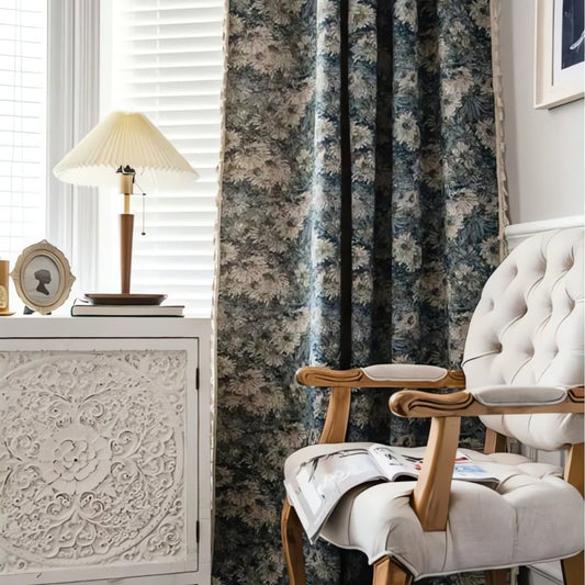 Navy Floral Tassel Curtains | Brushed Polyester, Boho Style