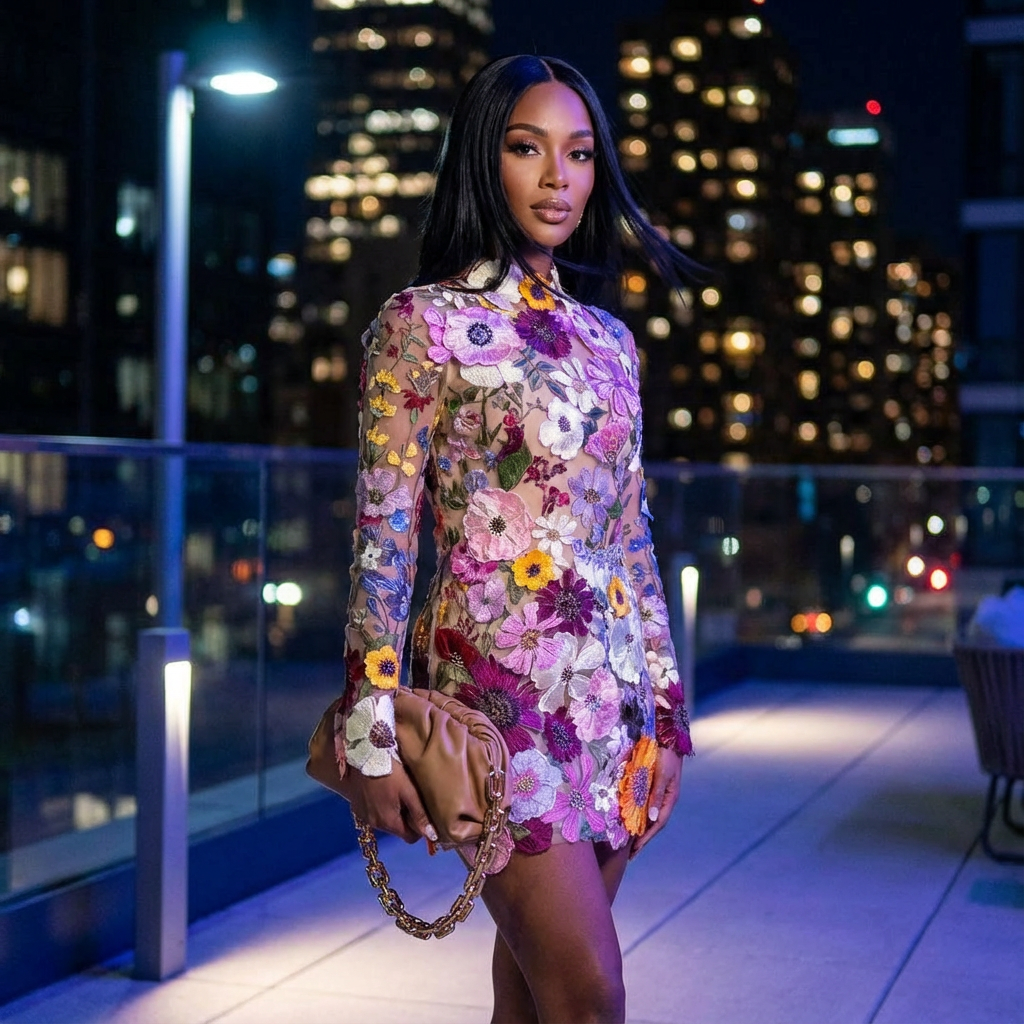 Mini-robe pour femme Aura | Appliqués floraux brodés, manches longues