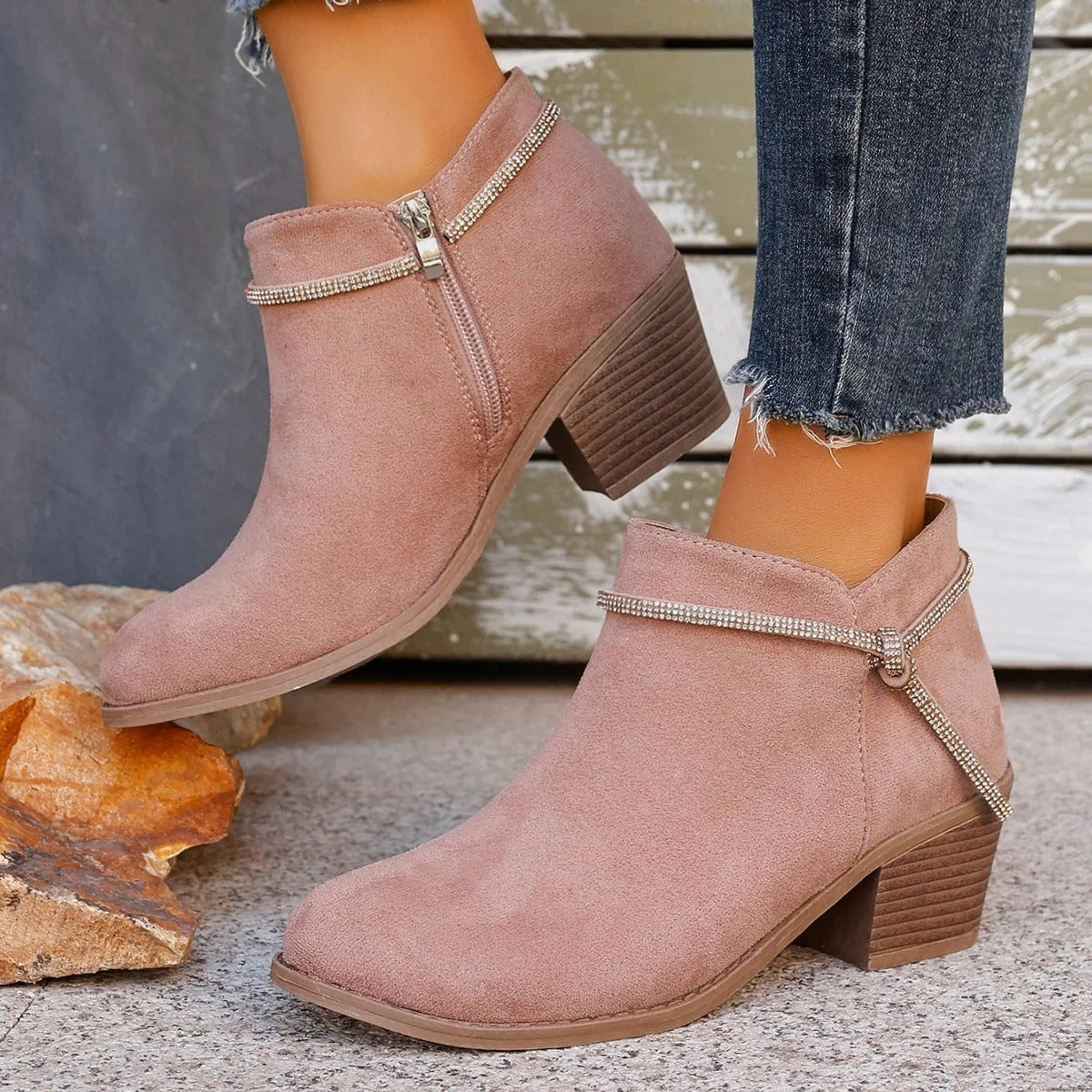 Giselle Women's Chunky Heel Ankle Boots - fabric and finish detail