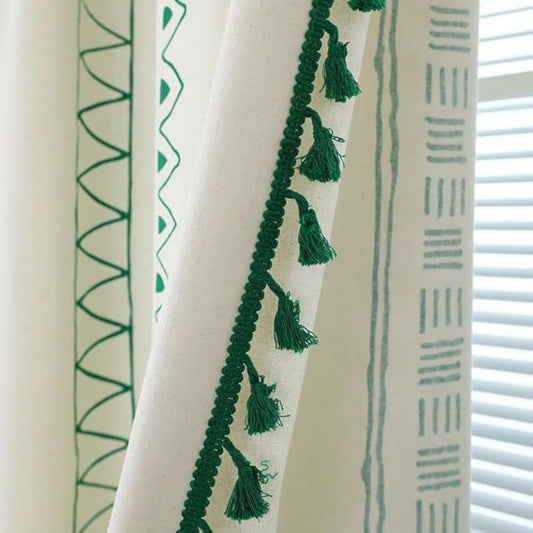 Emerald Tribe Boho Tassel Curtain | Green Stripe, Rod Pocket