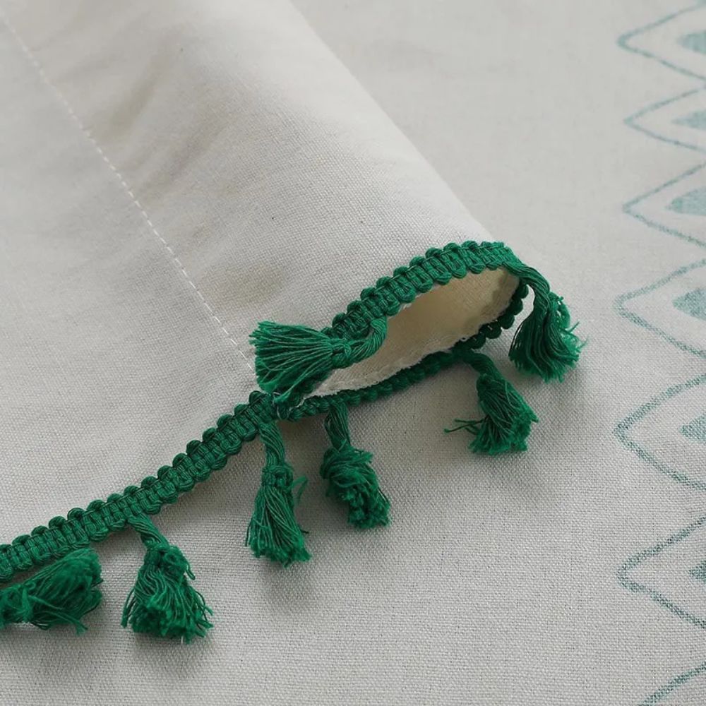 Emerald Tribe Boho Tassel Curtain | Green Stripe, Rod Pocket