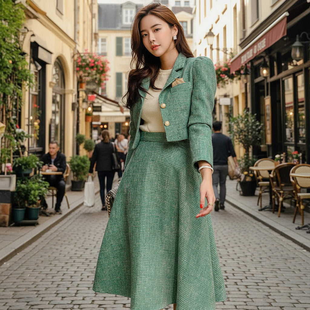 Fiona Women's Office Outfit | Vintage Stripe Blazer and Midi Skirt Set 0