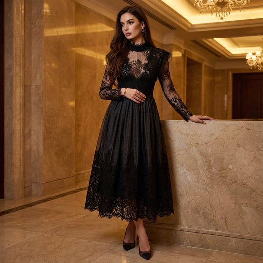 Vestido Negro para Mujer Jade | Encaje Floral de Manga Larga, Ropa de Noche Elegante