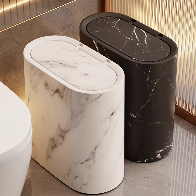 Modern Marble Pattern Trash Can with Lid – Stylish Oval Kitchen and Bathroom Garbage Bin 10