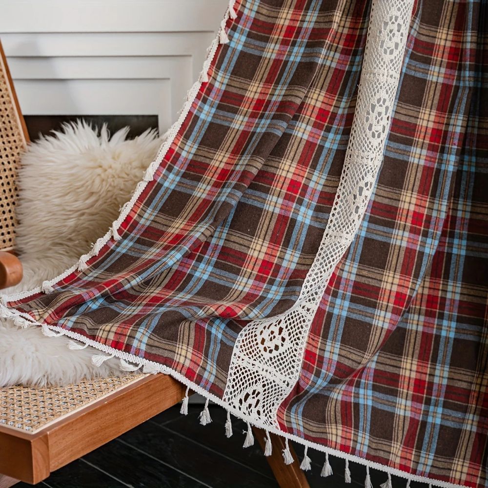 Tartan Crochet Lace Tassel Curtain | Vintage Plaid, Semi-Shade