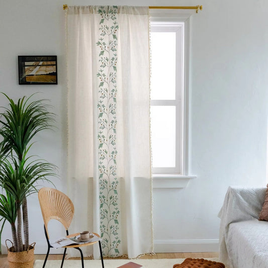 Willow Floral Elegance Tassel Curtain | Cotton-Linen Blend, Farmhouse