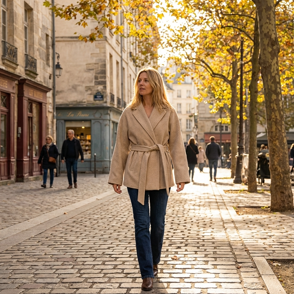 Maren Women's Belted Wrap Jacket | Camel Wool Texture, Notch Lapel Collar