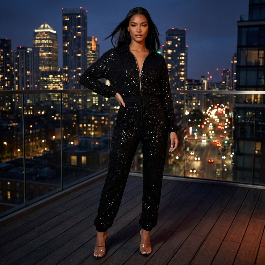 Wren Nyx Women’s Sequin Jumpsuit | Long Sleeve, Zip-Front Design