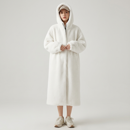 Manteau long à capuche pour femme Eirene | Fermeture éclair, texture fausse fourrure