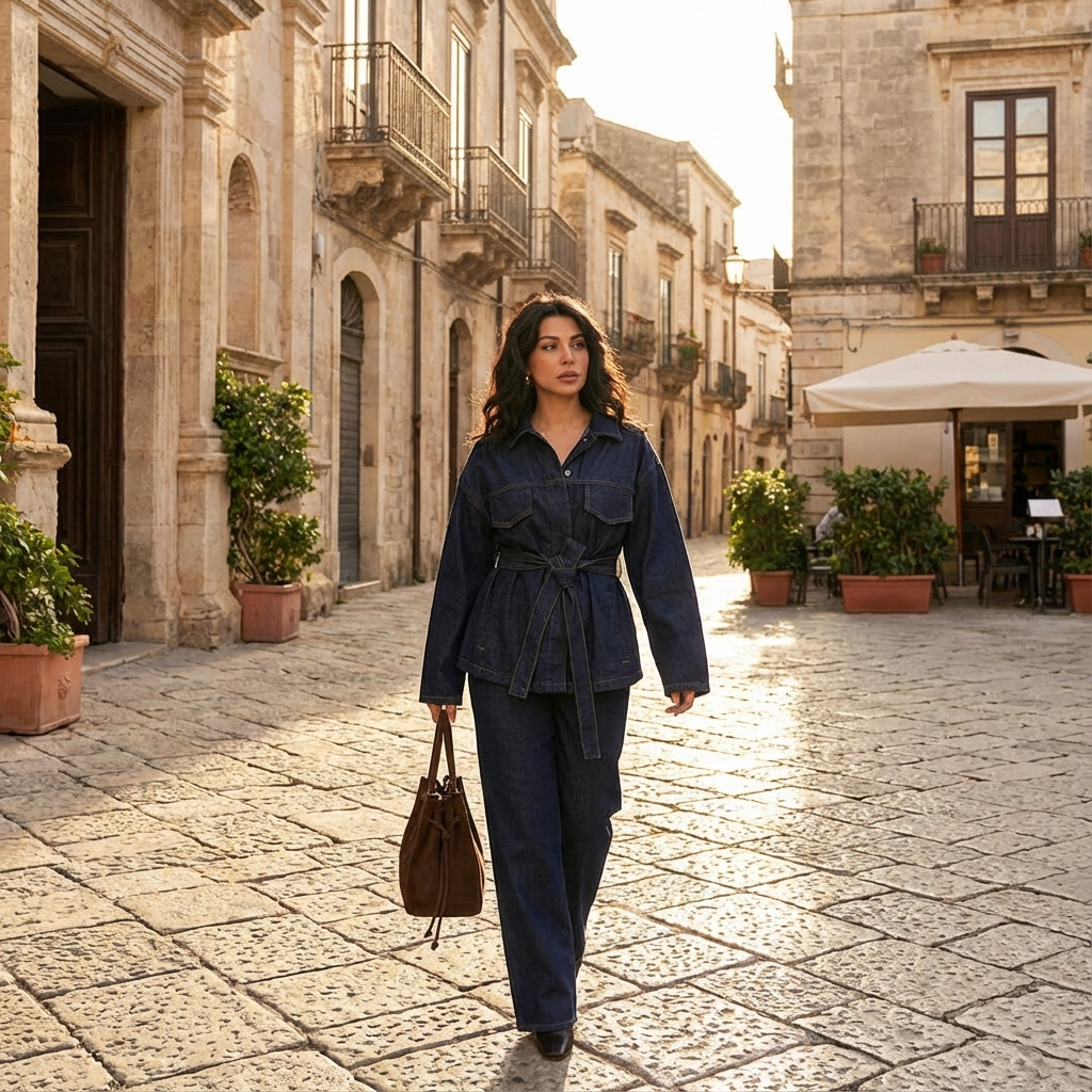 Conjunto de Denim para Mujeres Marisol | Chaqueta con Cinturón, Pantalones de Pierna Ancha