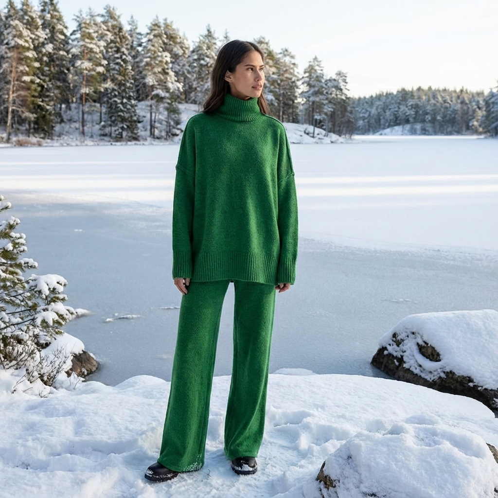 Iris Women’s Knit Lounge Set | Turtleneck Top, Wide-Leg Pants