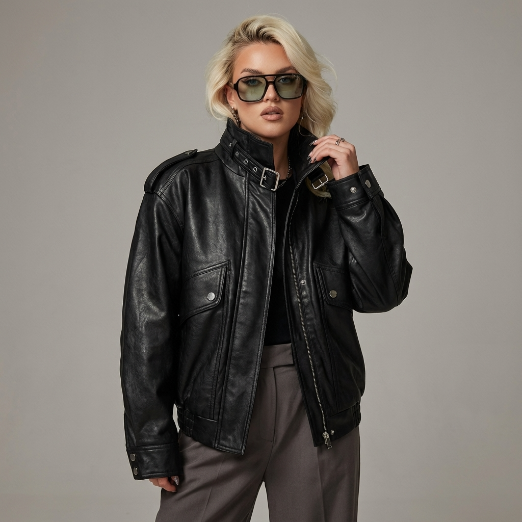 Chaqueta de Cuero con Cuello Alto para Mujeres Isla | Longitud Cortada, Bolsillos Utilitarios