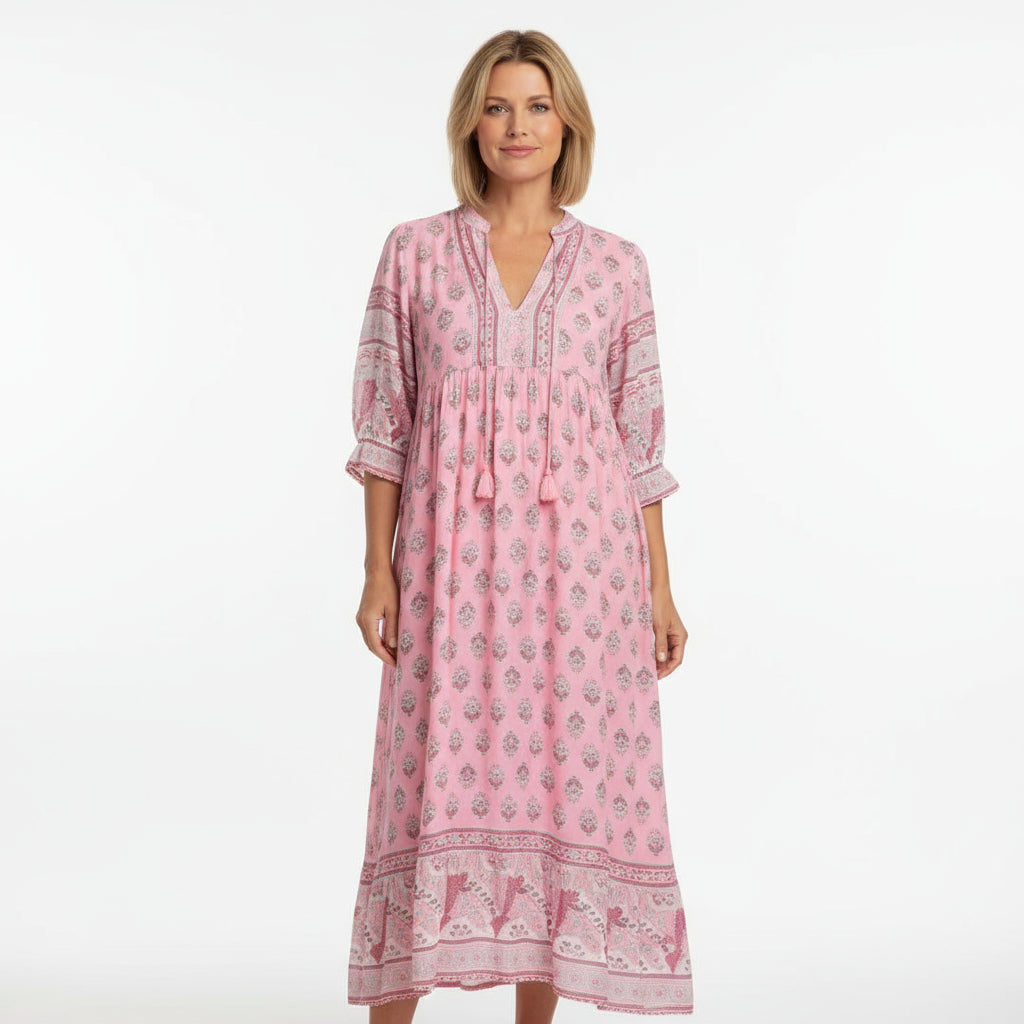 Robe maxi pour femmes Nona | Col en V, coupe trapèze, mélange léger coton-polyester