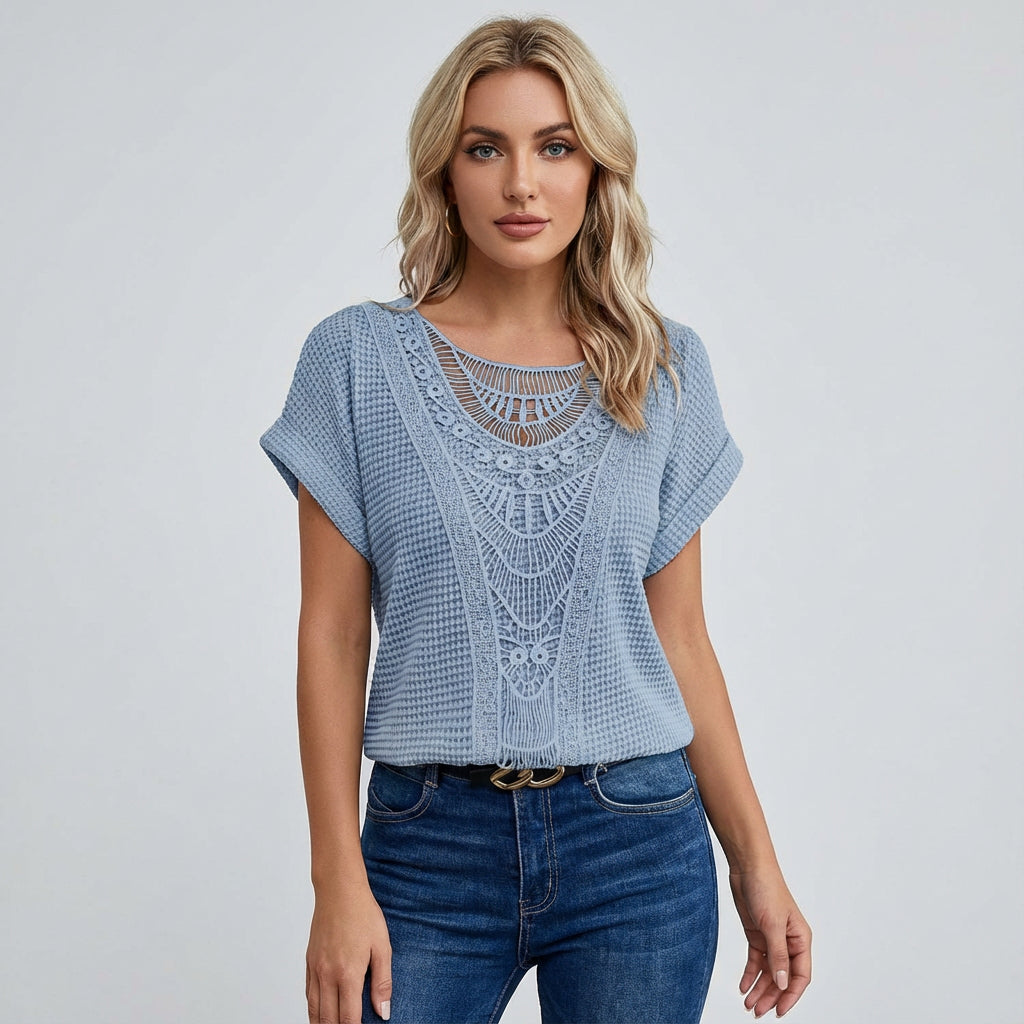 Top de Encaje para Mujer Ella | Panel Frontal de Encaje, Mangas Cortas