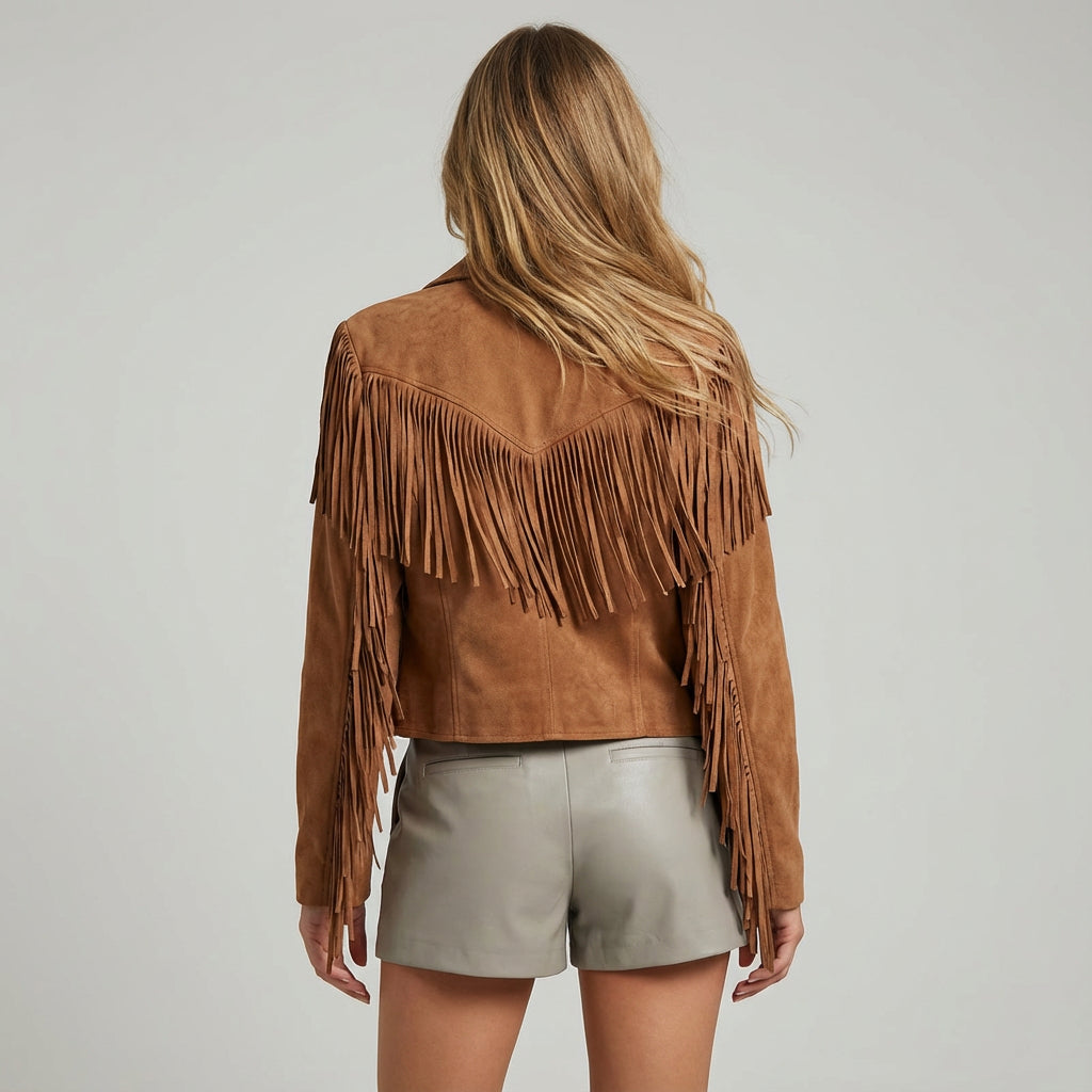 Veste pour femme Ariellea | Détail franges en suède, style bohème chic