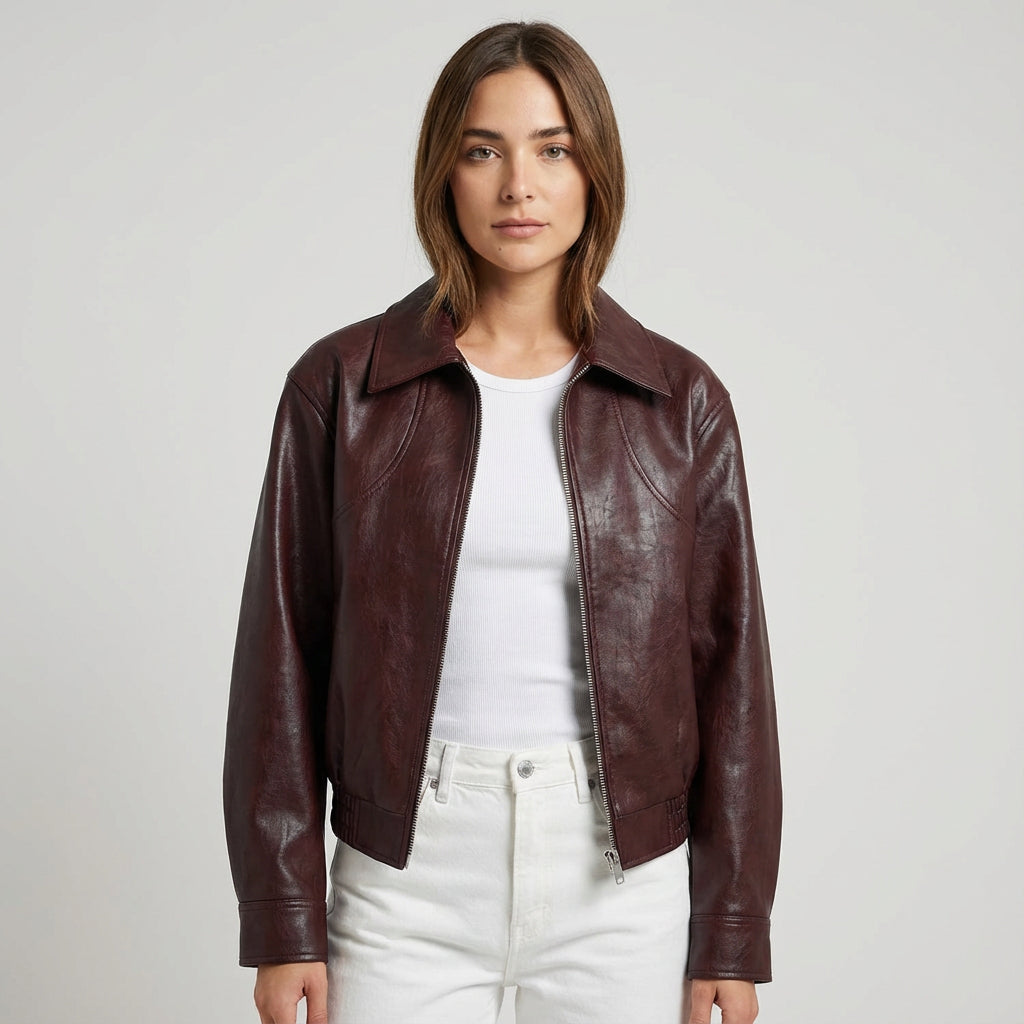 Chaqueta de Cuero Cortada para Mujeres Marina | Cierre con Cremallera Frontal, Cuello de Solapa