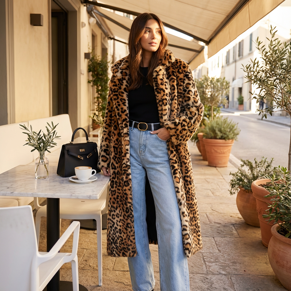 Abrigo de piel sintética para mujer Leona | Estampado de leopardo, cuello con muesca