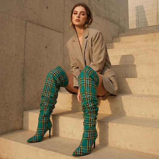 Bottes cuissardes Pia pour femmes | Au-dessus du genou à carreaux, bout pointu