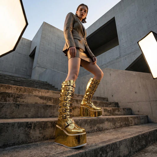 Bottes moto punk pour femmes | Design compensé, détail boucle de ceinture