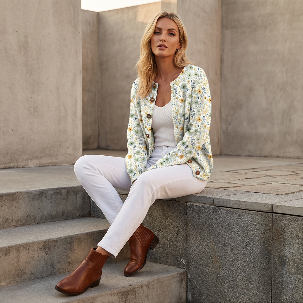 Cárdigan Floral para mujer Arlena | Botón Frontal, Escote Redondo