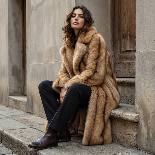 Manteau maxi pour femmes Nina | Fausse fourrure, design rayé