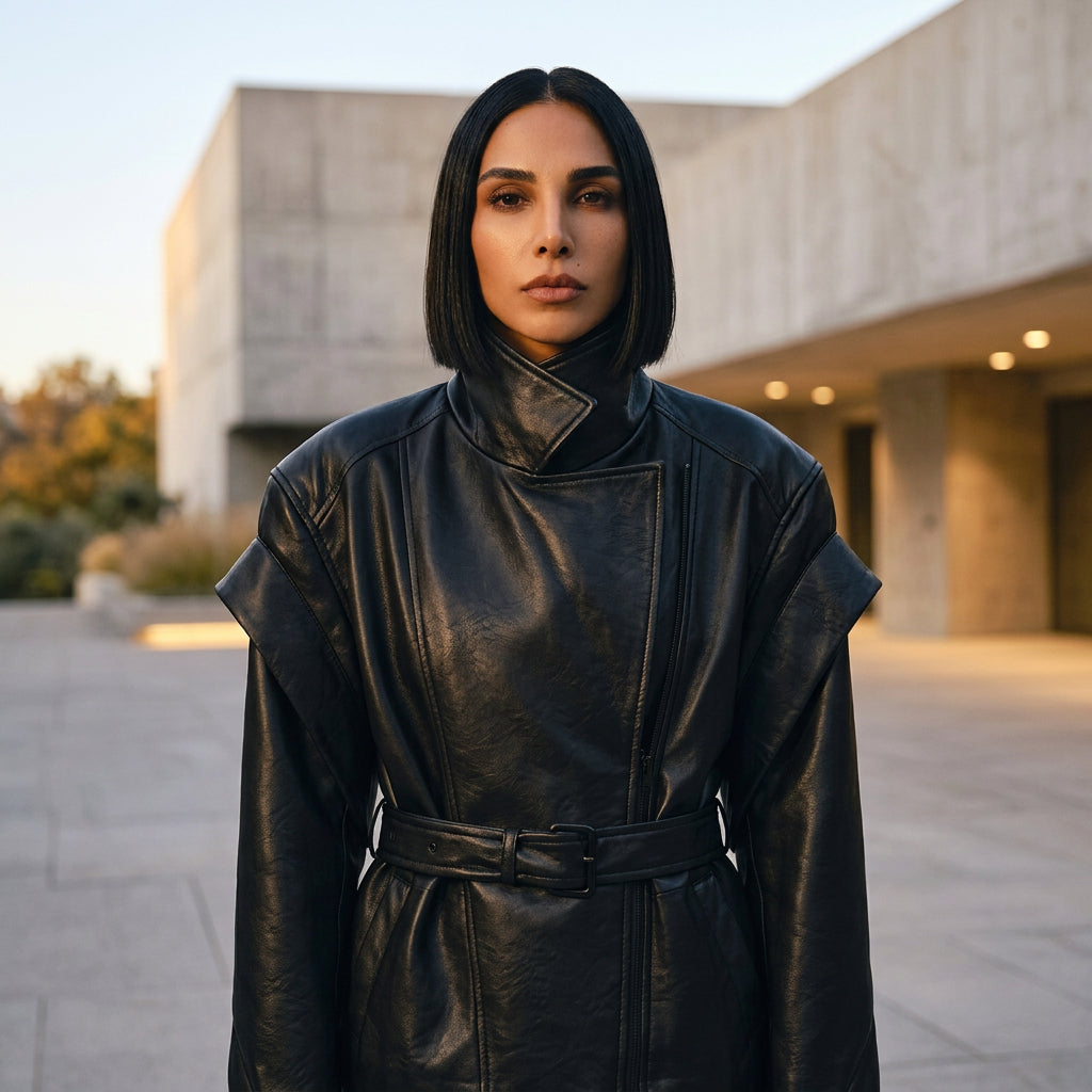 Veste en cuir vegan pour femmes Nadia | Croisée, ceinture à nouer à la taille