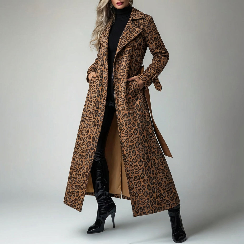 Manteau long pour femme Roma | Imprimé léopard, taille ceinturée