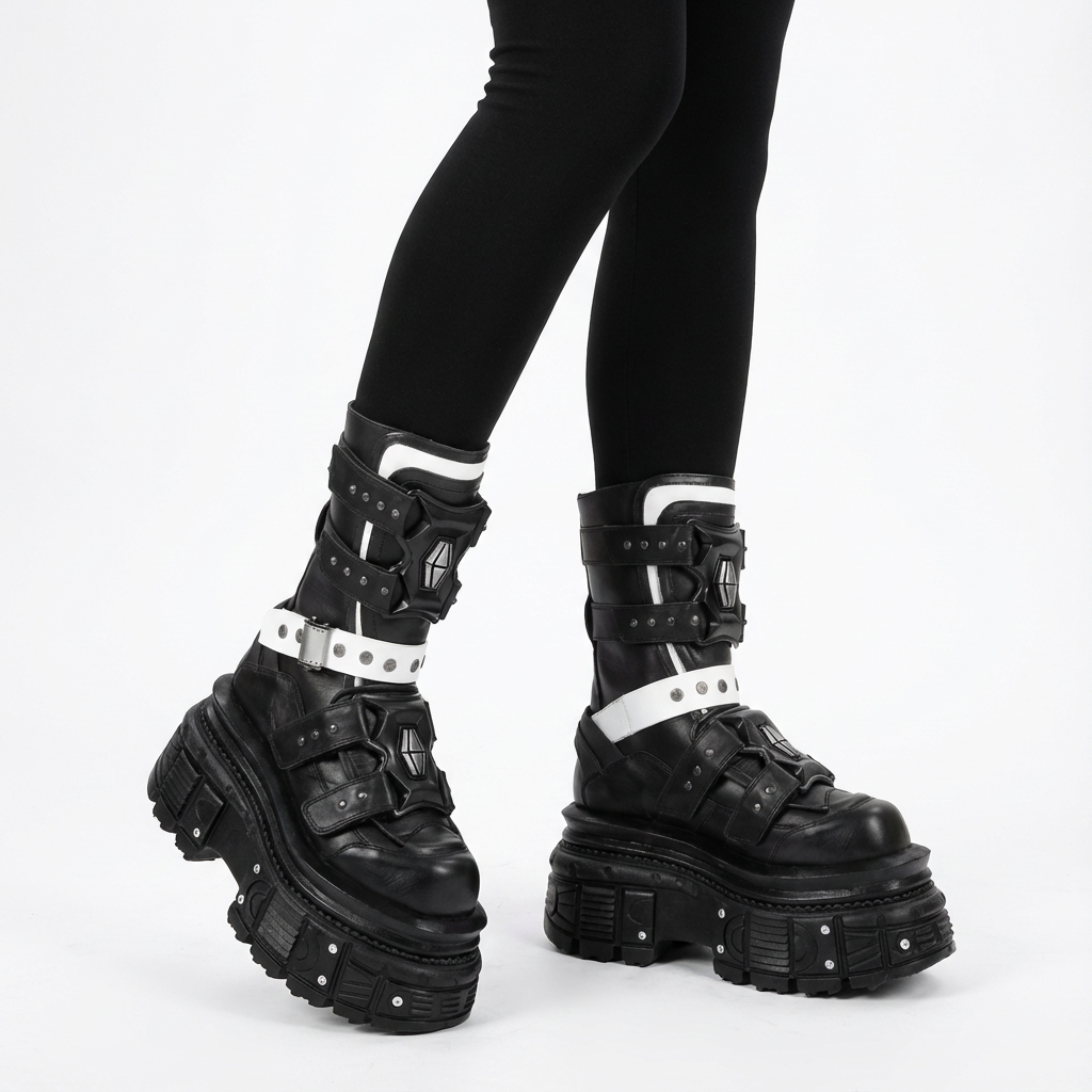 Bottes moto punk pour femmes | Semelle épaisse, design à boucle de ceinture