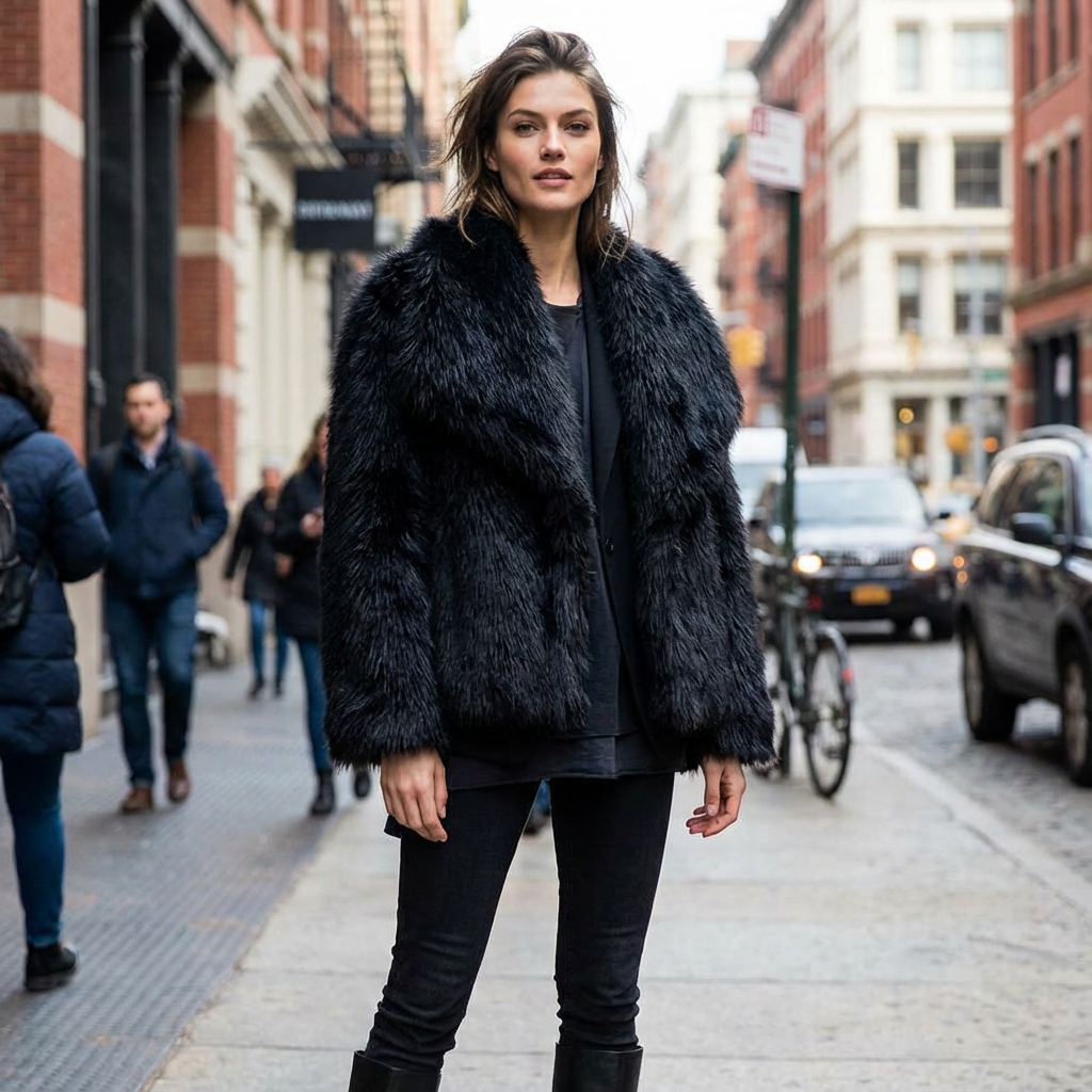 Manteau en fausse fourrure pour femmes Jade | Texture pelucheuse, large col