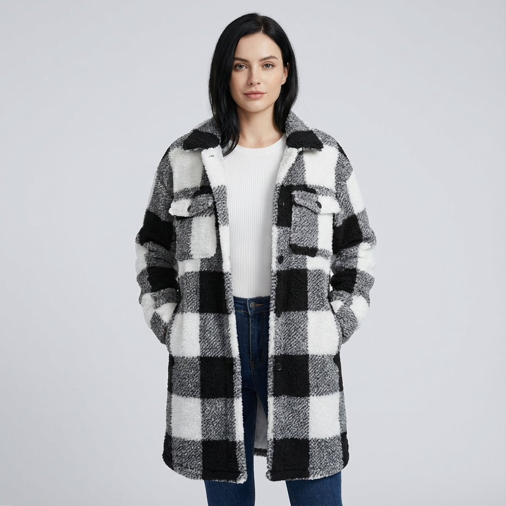 Manteau en polaire teddy pour femmes Penny | Design à carreaux confortable, manteau d'hiver long