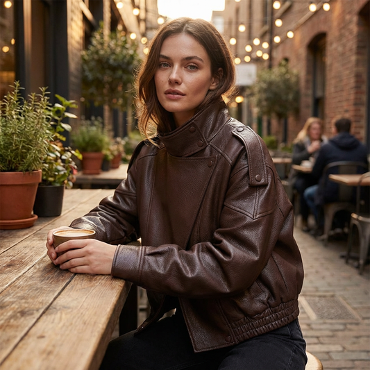 Veste en cuir asymétrique Lucille | Oversize, fermeture asymétrique devant