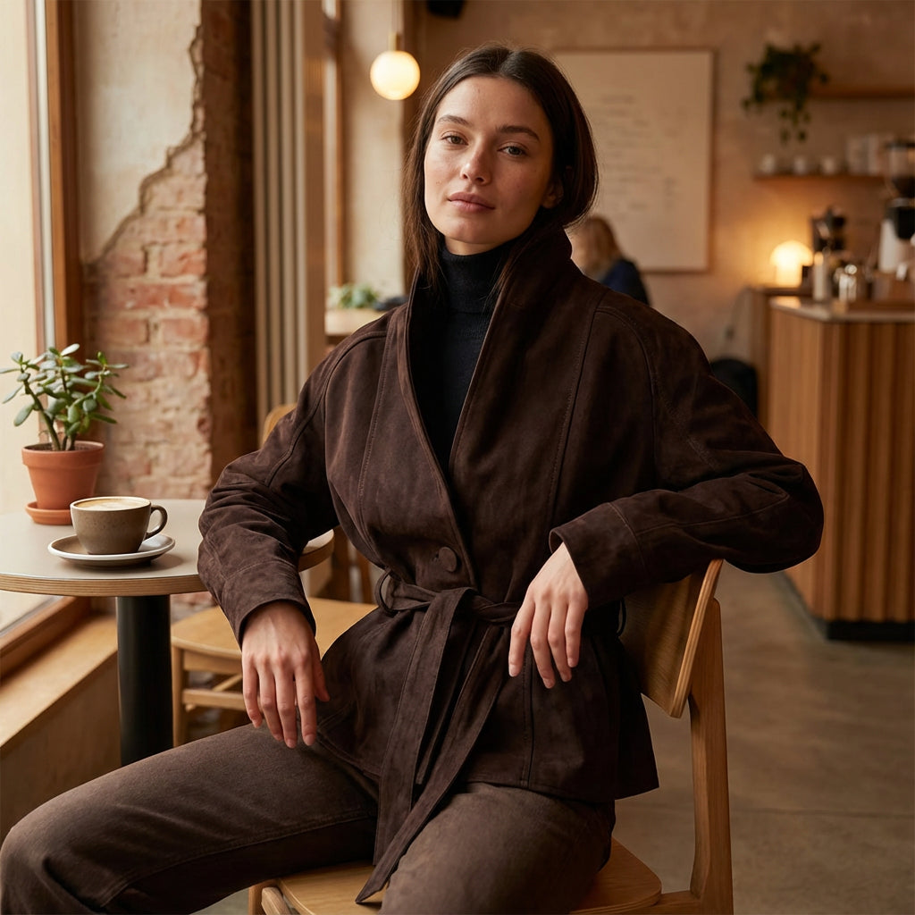 Chaqueta envolvente con cinturón para mujer Elise | Cuello de chal, Diseño con lazo en la cintura