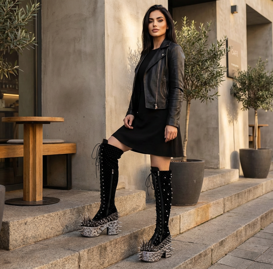 Bottes de chevalier punk à pointes | Semelle épaisse, design au-dessus du genou