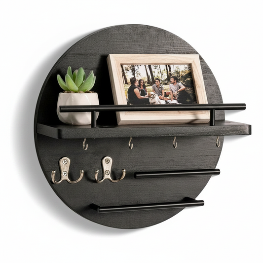 Round Wooden Key Holder – Black/Gold finish with shelf and hooks – Scandinavian wall organizer