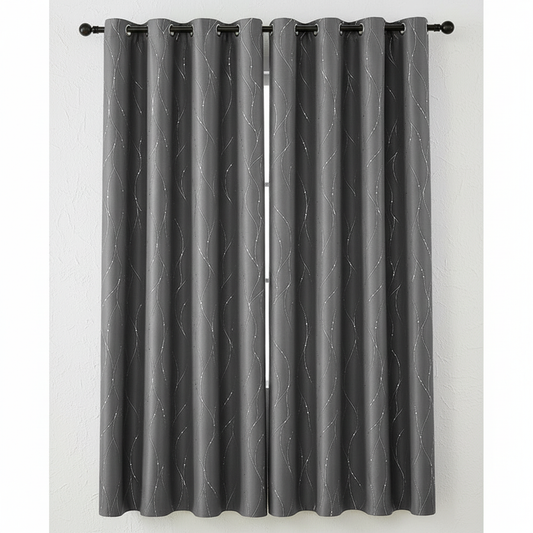 Gleam Chic Blackout Curtain in Steel Wave with gleaming wave-sheen pattern and grommet top