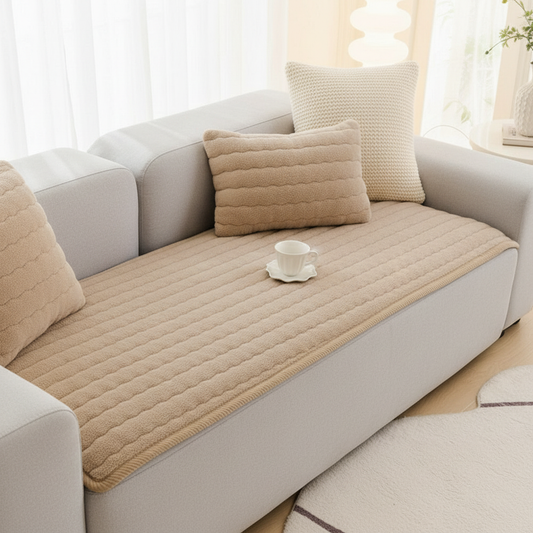 Taupe Sand plush seat protector pad on sofa seat